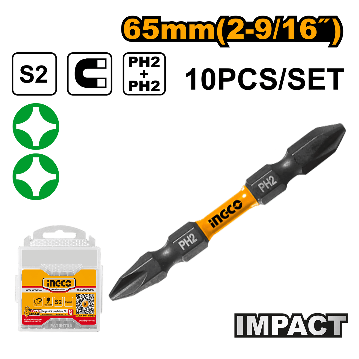 INGCO Impact Screwdriver Bits Set 10-Pieces 65mm Magnetic