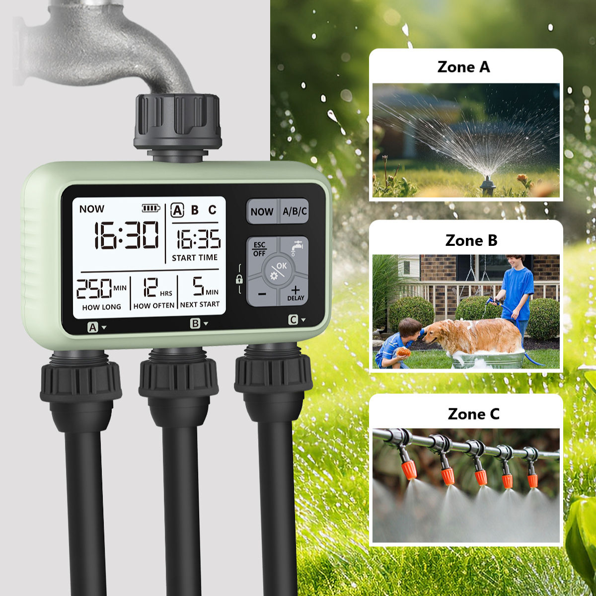 Digital Watering Timer, Battery-operated Programmable Garden Irrigation Timer with 3/4" Inlets Outlets for Garden Hose and Lawns