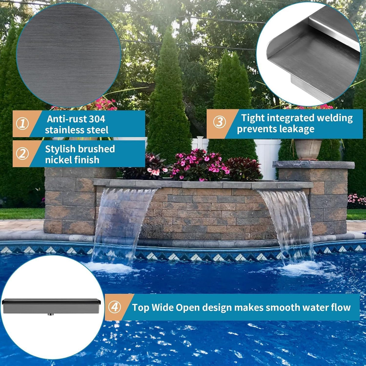 Hengbo Stainless Steel Sheer Descent, Waterfall Spillway for Swimming Pool, Garden Outdoor Pond, Spa