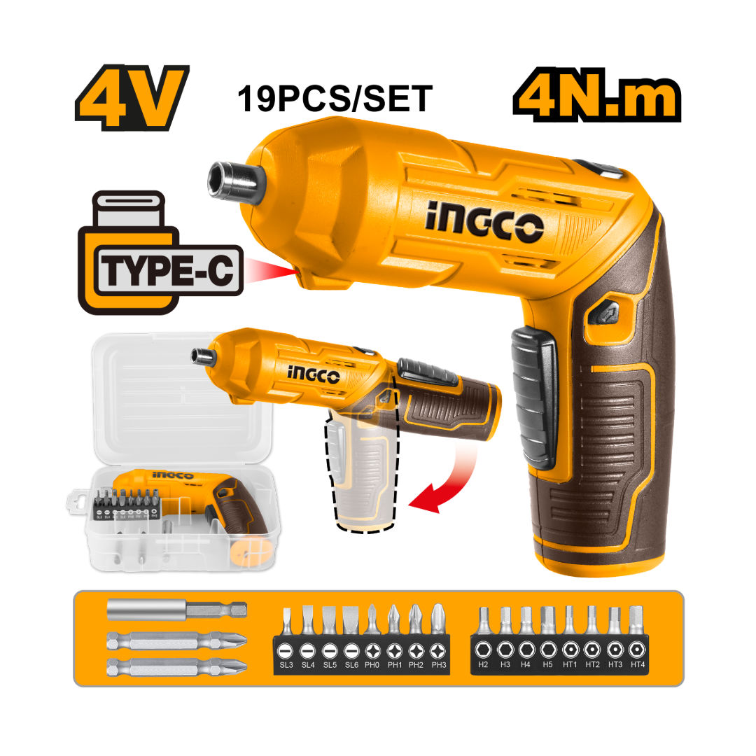 INGCO Cordless Screwdriver, LED Light, 4V, 1/4" Hex Shank, 240rpm
