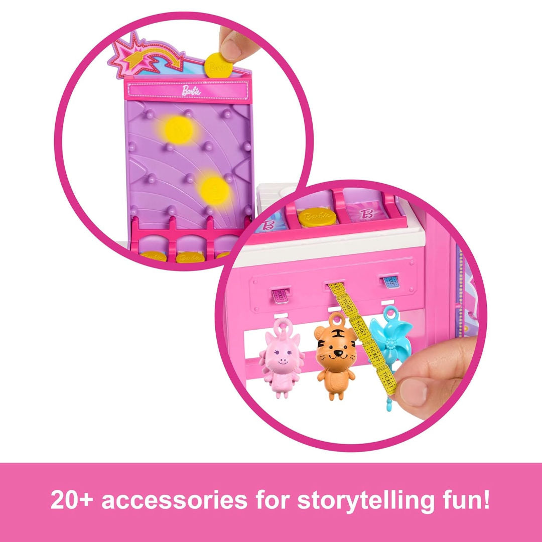 Barbie Mysteries, Beach Detectives Malibu Doll & Cotton Candy Game Booth Playset, 20+ Accessories with Prizes