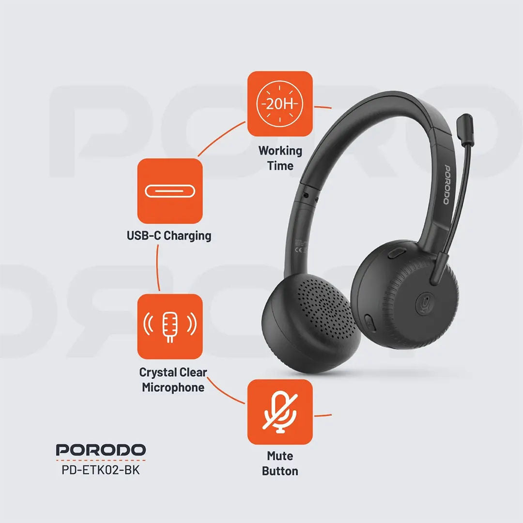 Porodo Office Wireless Bluetooth Headset, Black
