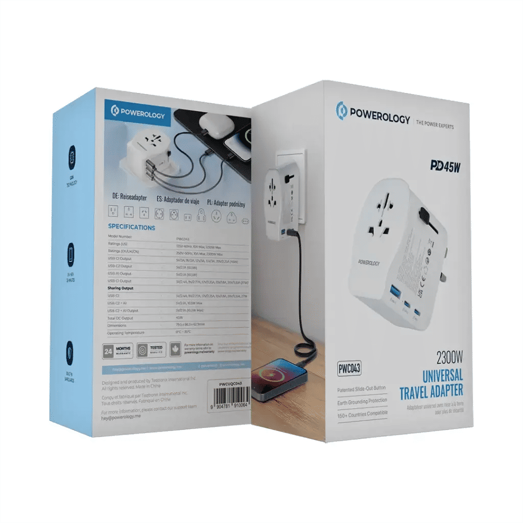 Powerology 2300W Universal Travel Adapter with 45W PD Fast Charging, GaN Technology