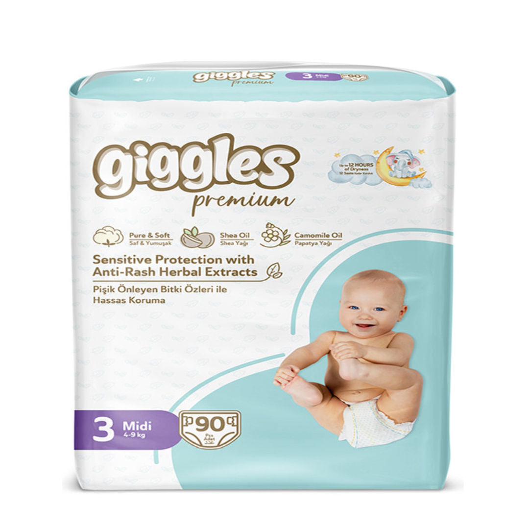 Giggles Premium Midi Diapers, Size 3 , 4 to 9kg, Pack of 90
