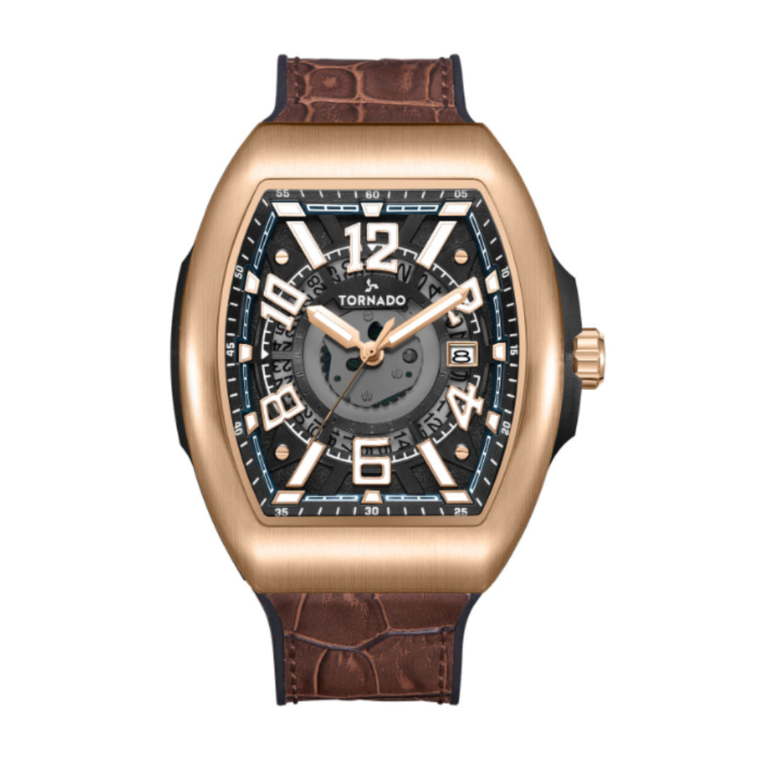 Tornado Men's Xenith Analog Display and Leather-Rubber Fusion Straps Watch, 44mm