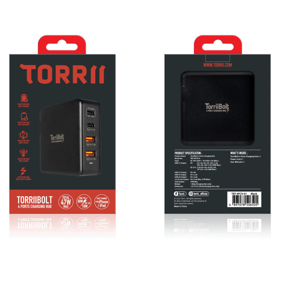 Torrii Bolt 4 Ports Charging Hub with USB-PD & QC 3.0, Black, TBT-4PCH-01