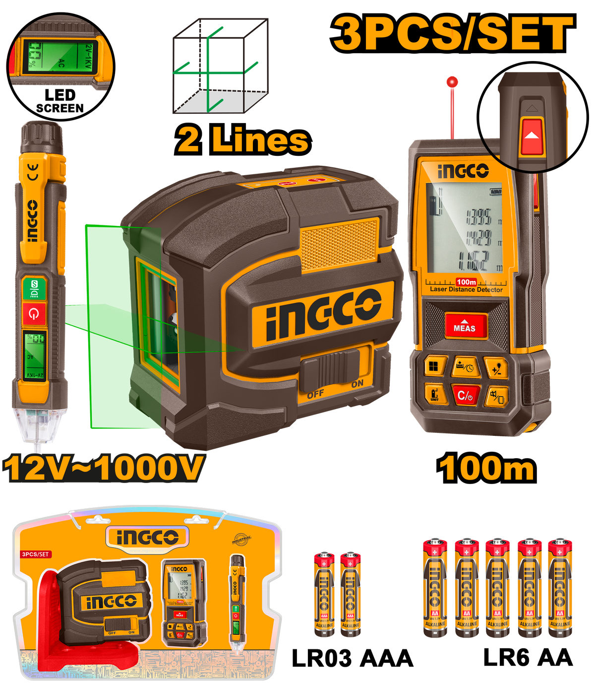 INGCO Laser Distance Meter and Level Combo Kit 100M Measuring Tool