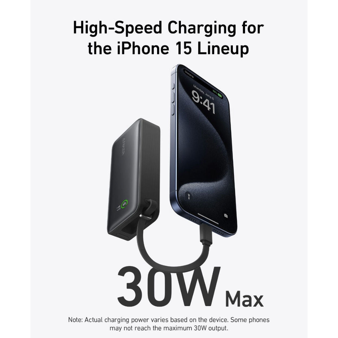 Anker Nano Power Bank,30W, Built-In USB-C Cable, Black, A1259H11