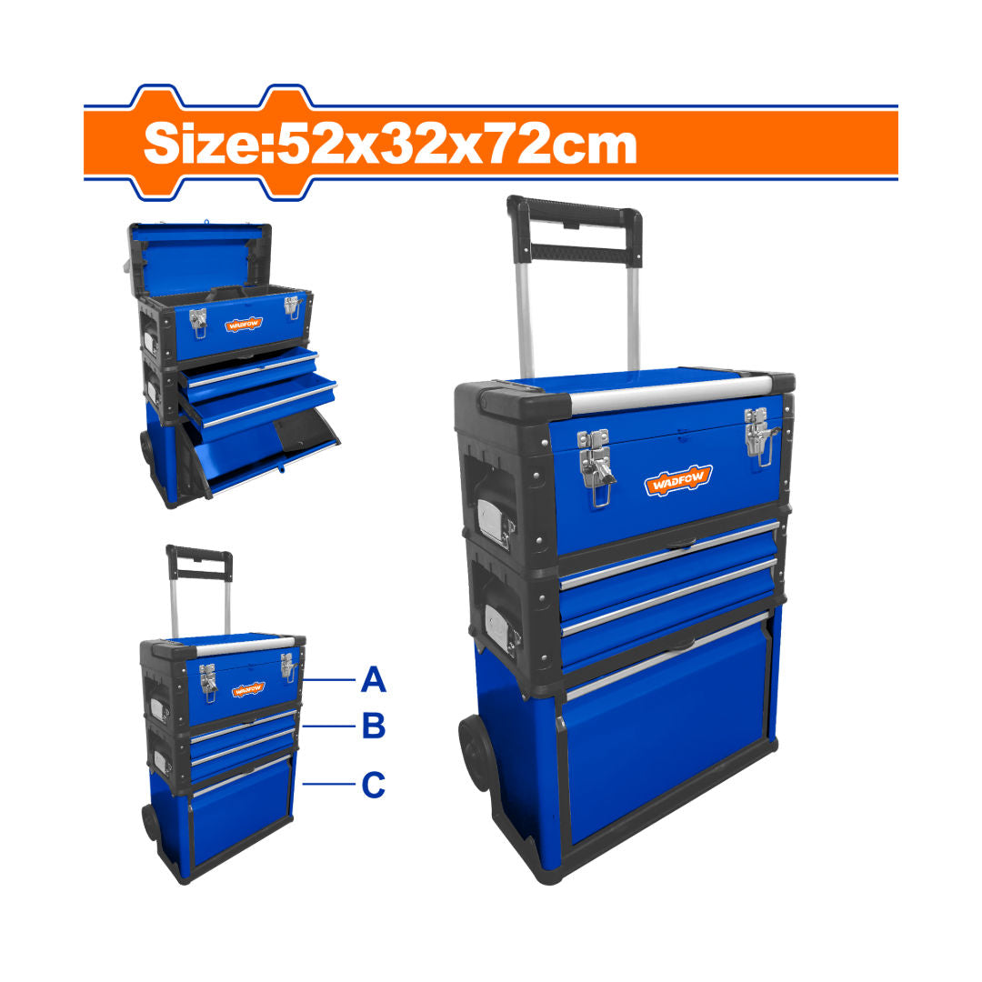 WADFOW Wheeled Trolley Tool Box, 3-In-1 Stackable PP/Steel, Telescopic Handle