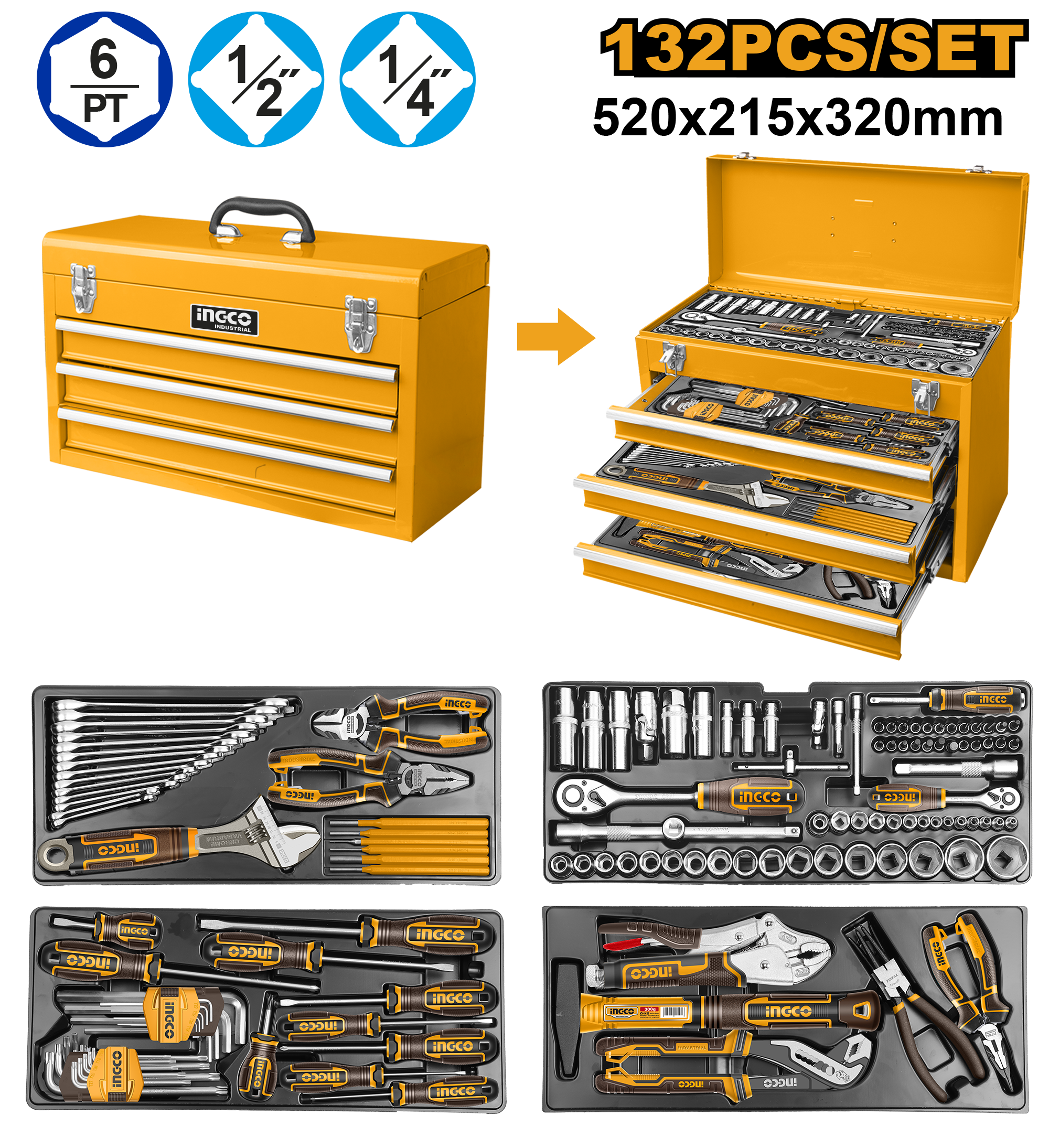 INGCO 132-Pieces Tool Chest Set with Drawers and Mechanics Tools