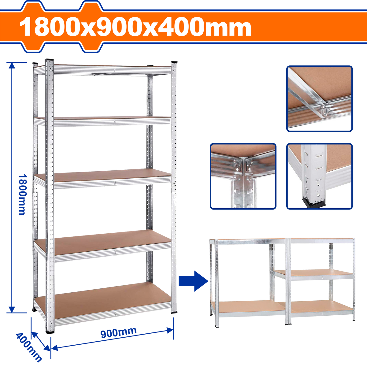 WADFOW 5-Tier Adjustable Storage Shelves, 900×400×1800 mm, 175 kg per Shelf, MDF & Galvanized Steel Frame