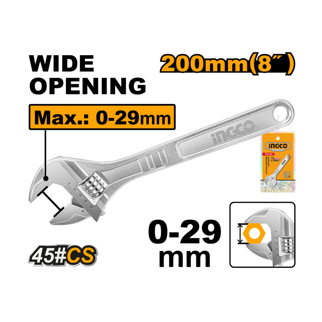 INGCO Adjustable Wrench, 0,24mm Jaw Opening, Anti-Slip Handle