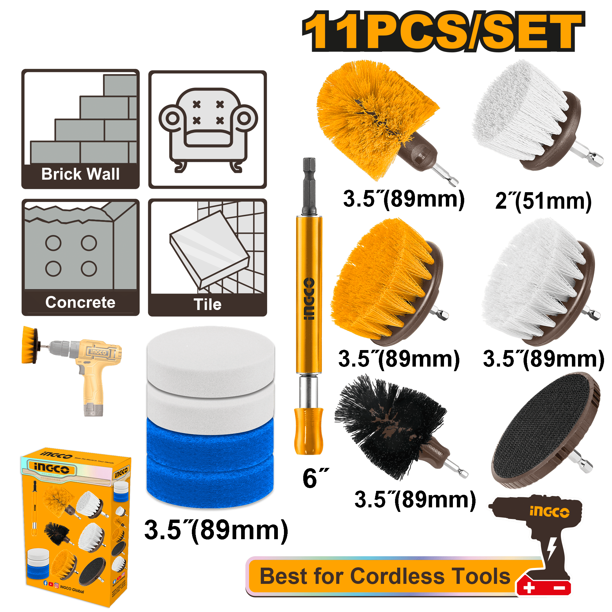 INGCO 11-Pieces Cleaning Brush Kit Drill Attachment Set