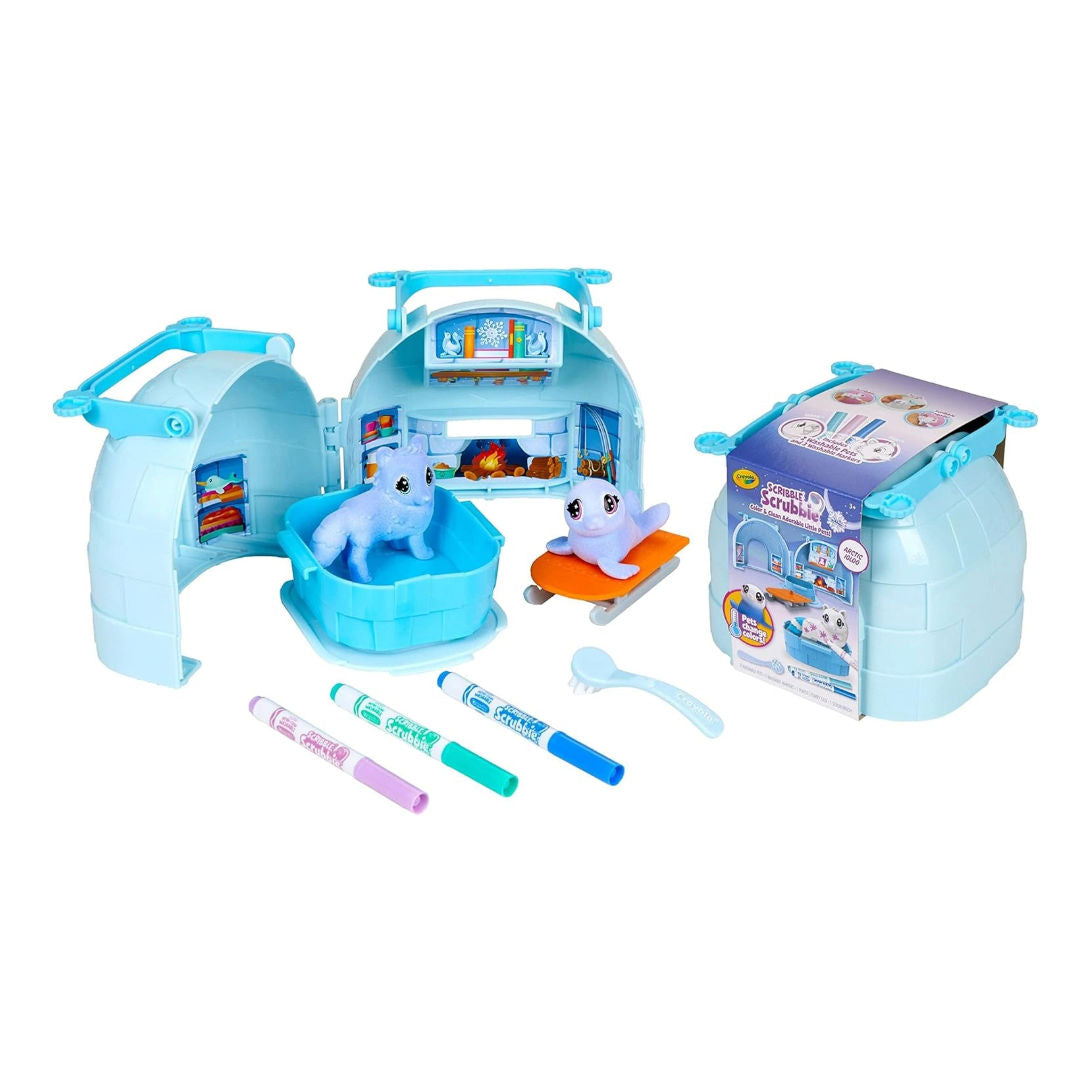Crayola SCRIBBLE Scrubbie, Pets Arctic Igloo Playset & 3 Washable Markers