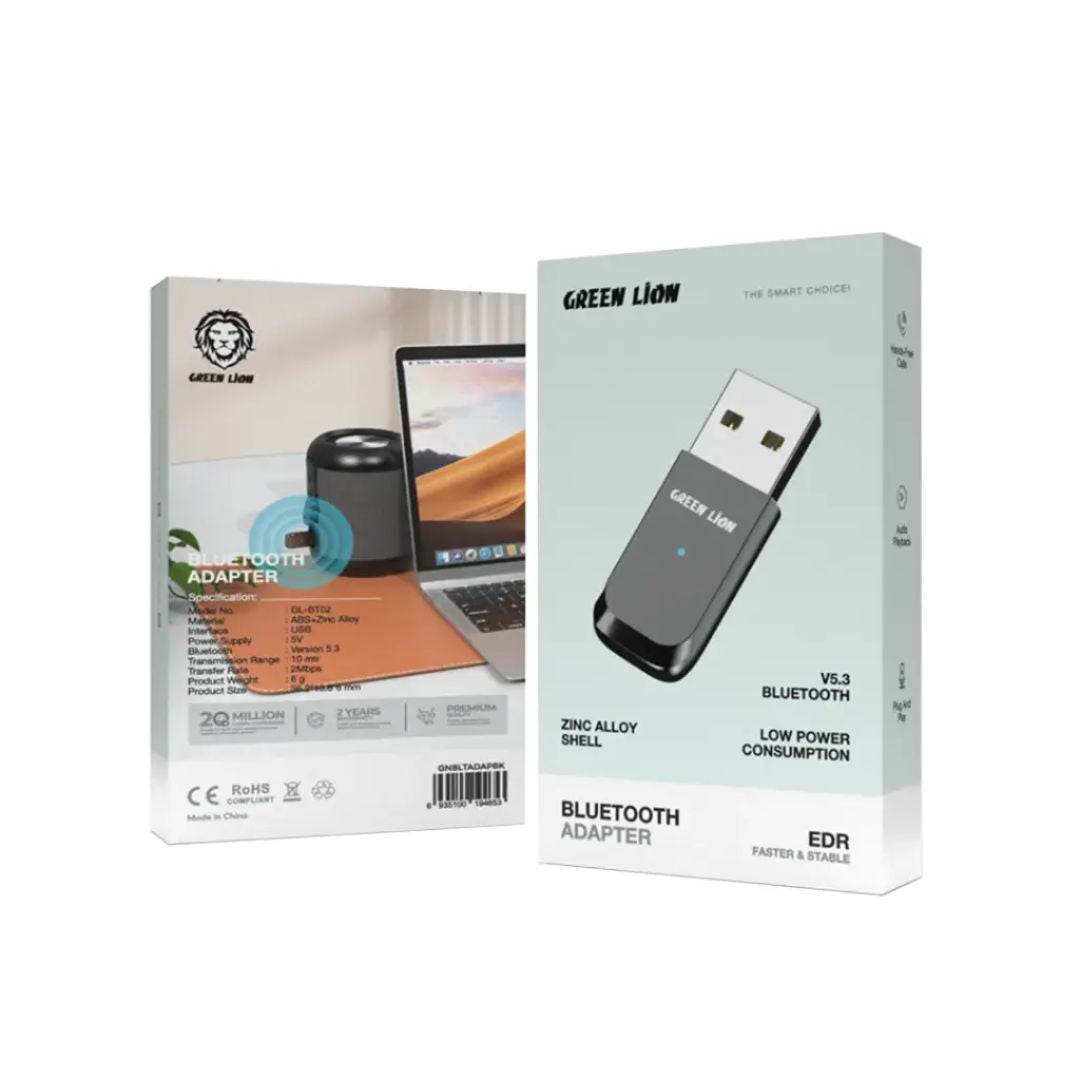 Green Lion USB Bluetooth Adapter V5.3, Zinc Alloy Shell, Plug & Play, Black