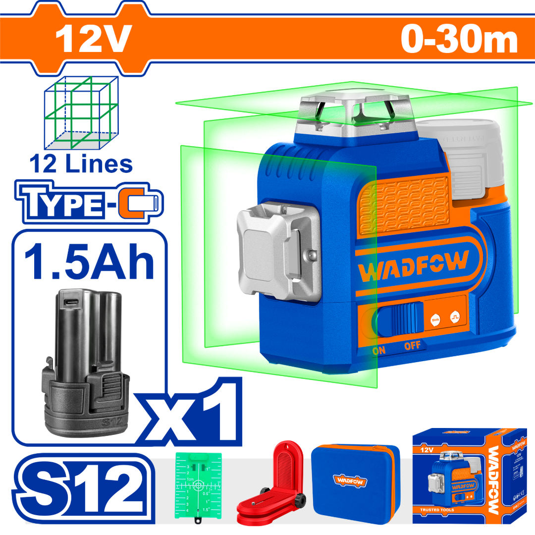 WADFOW 12V Cordless 3D Green Laser Level, 1×360° Horizontal + 2×360° Vertical Lines, 0–30 m Range, Self-Leveling