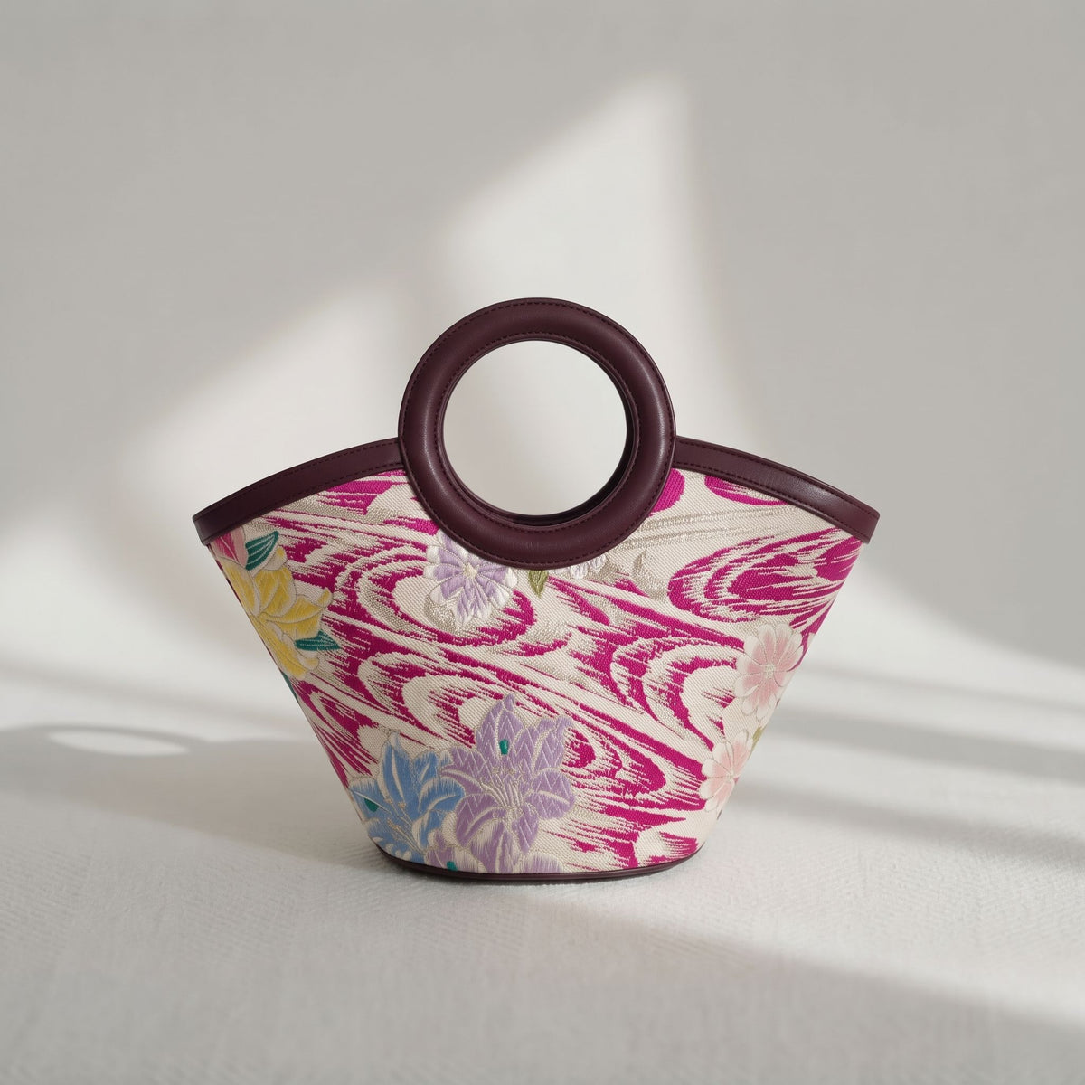 Jamila Designer Mulberry Silk Tote Bag, Floral Pattern with Round Handles, TOTEBUR-FLOWER04