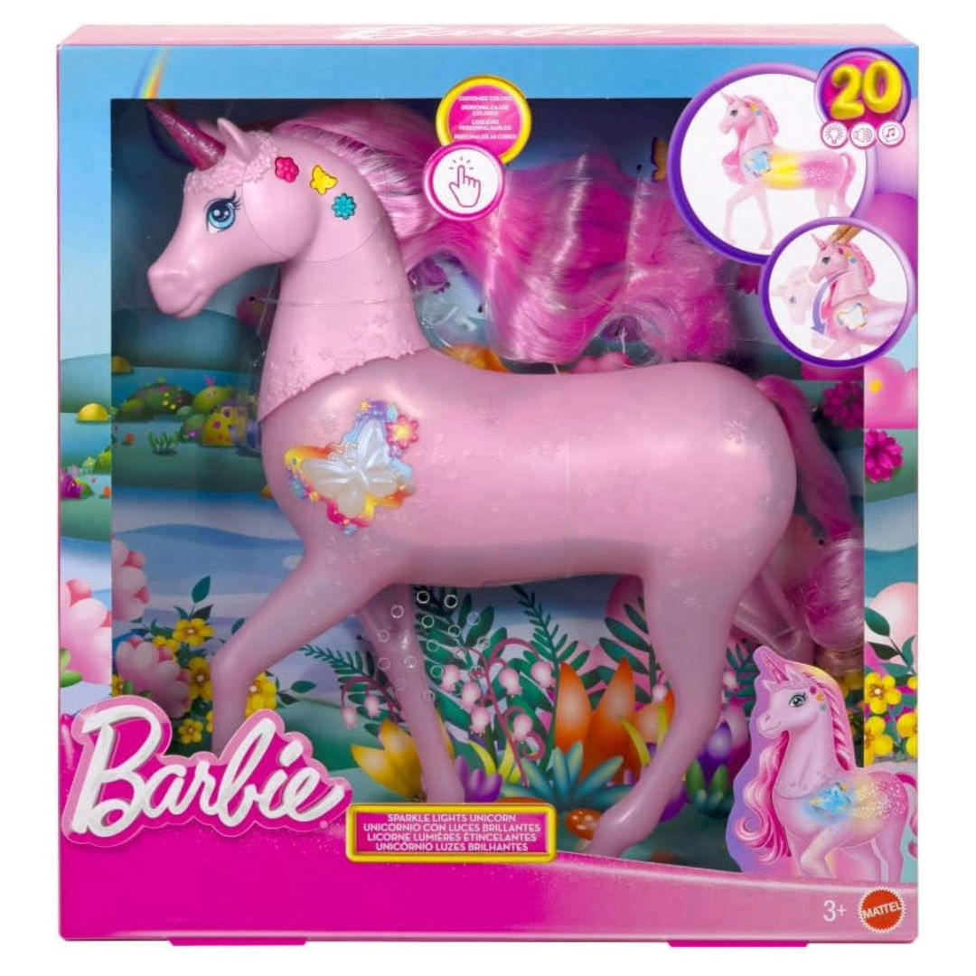 Barbie Sparkle Lights Interactive Unicorn Toys With 20 Interactive Combos Of Lights, Sounds & Music, Press Buttons & Pet Head To Play