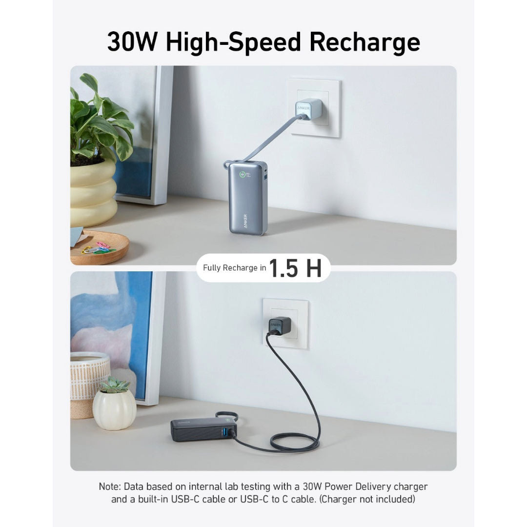 Anker Nano Power Bank,30W, Built-In USB-C Cable, Black, A1259H11