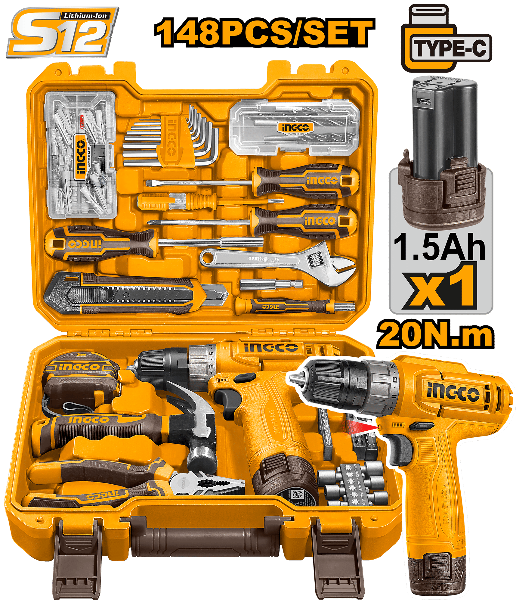 INGCO 148-Pieces Household Tool Kit with Cordless Drill