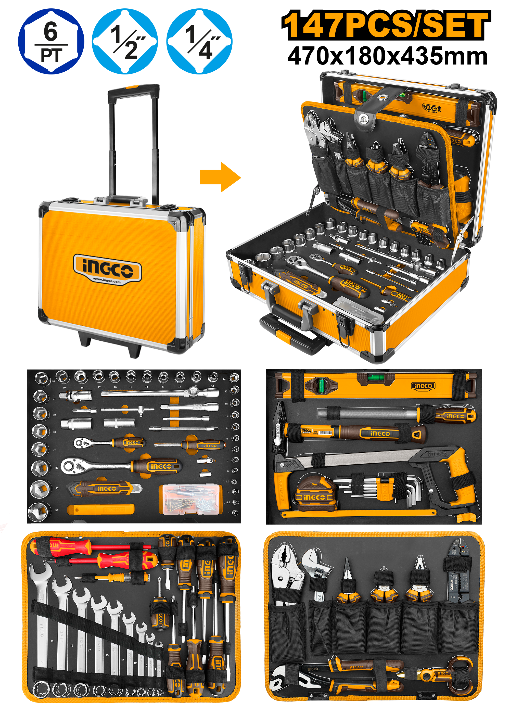 INGCO 147-Pieces Professional Hand Tool Set with Aluminum Case