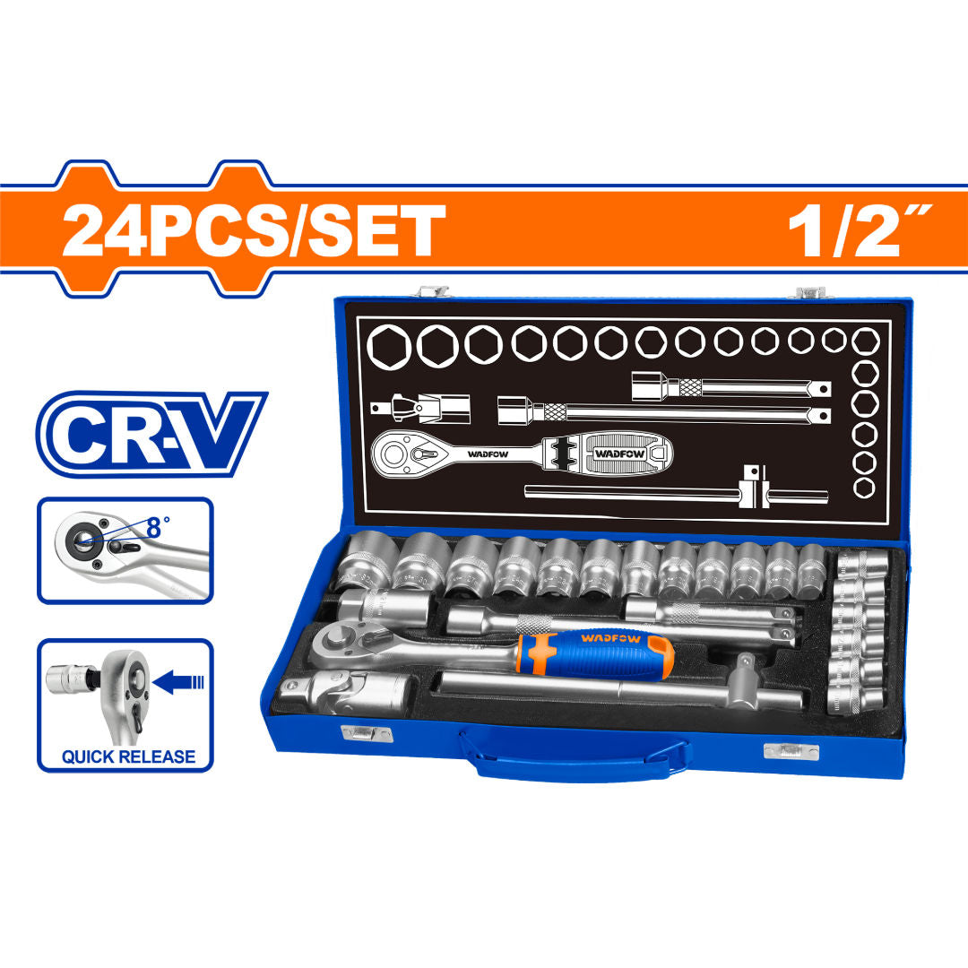 WADFOW 24 Piece 1/2″ Socket Set, 10–32 mm Sockets, Ratchet, Extensions, T-Bar
