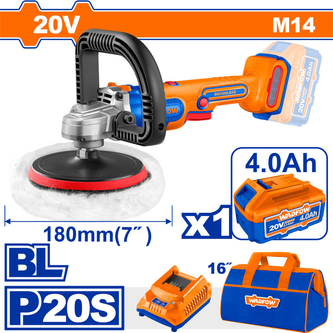 WADFOW 20V Brushless Cordless Polisher Kit, 180mm, 400–2500rpm, D-Handle