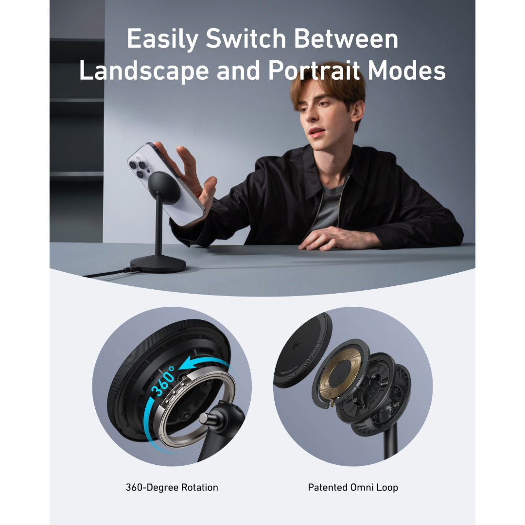 Anker MagGo Qi2 Wireless Charger Stand, 15W Magnetic Fast Charging, 360° Adjustable Stand for iPhone & AirPods