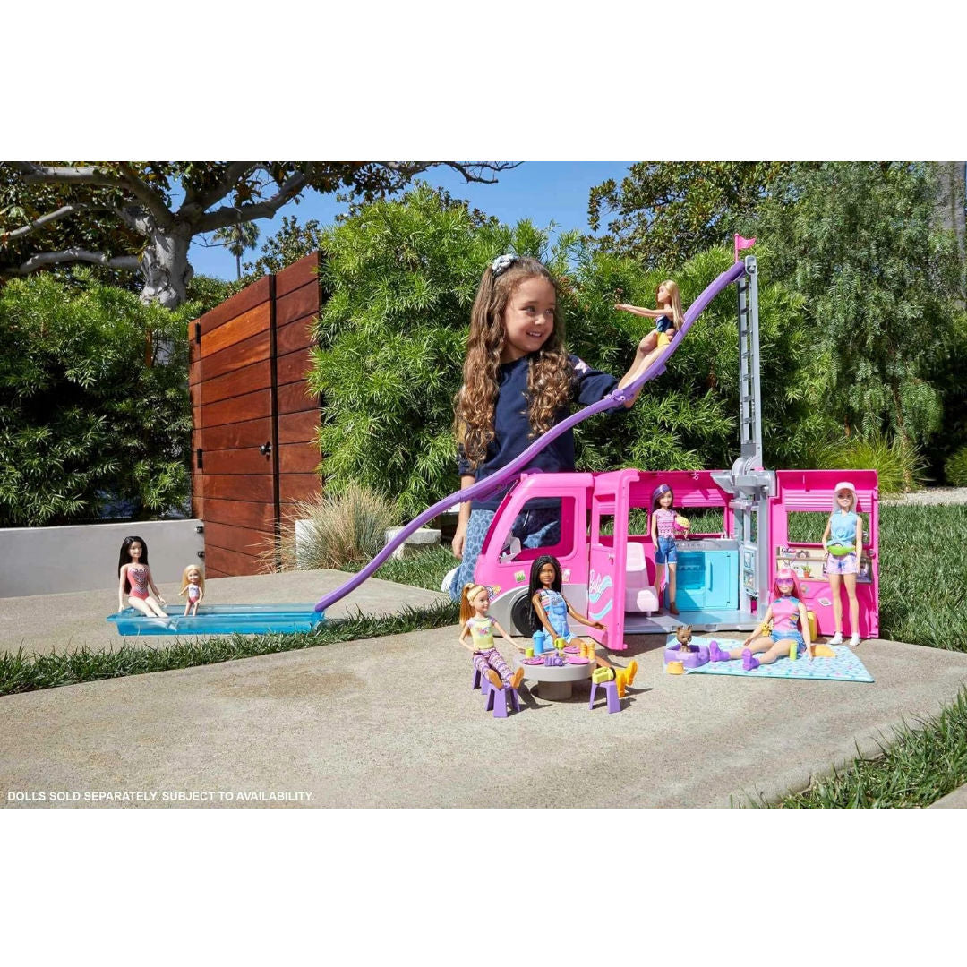 Barbie Dream Camper Playset, Doll Camper with 30 Inch Slide, 7 Play Areas & 60 Accessories