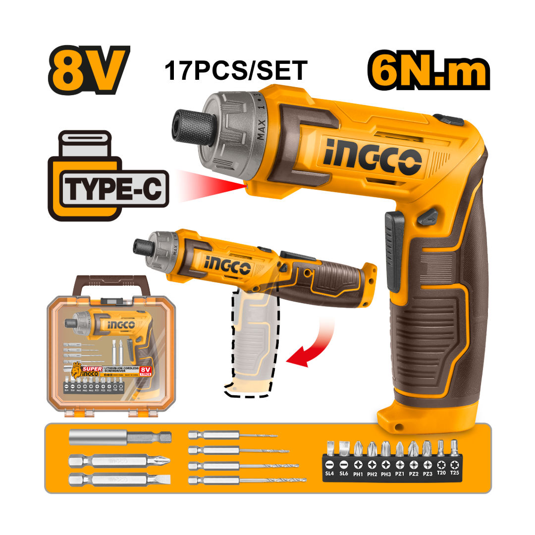 INGCO 8V Cordless Screwdriver Set, 6 Nm, 1/4″ Hex