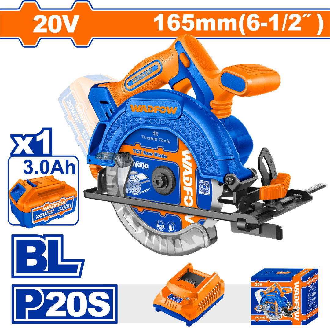 WADFOW 20V Brushless Cordless Circular Saw, 165mm, 5200