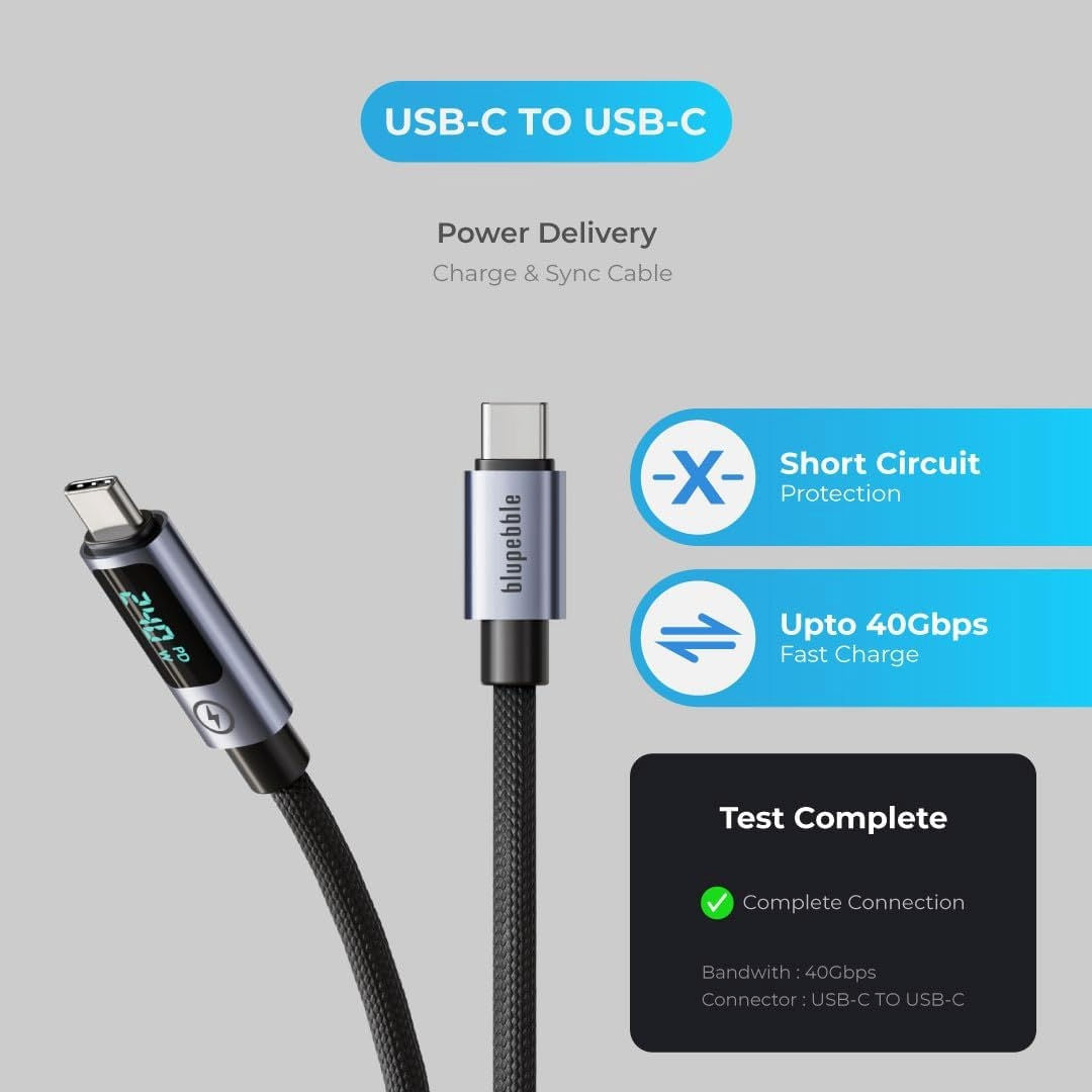 Blupebble PowerFlow PD 240W USB-C to USB-C Charge & Sync Cable, Data Transfer,1.2 M, Black