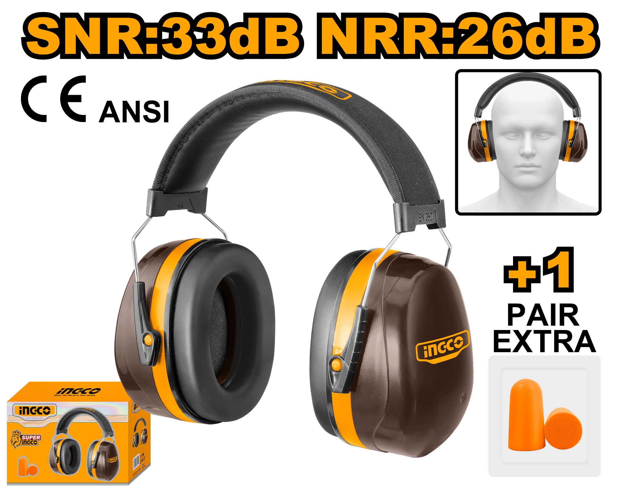 INGCO Industrial Ear Muff Noise Reduction 33dB Hearing Protection