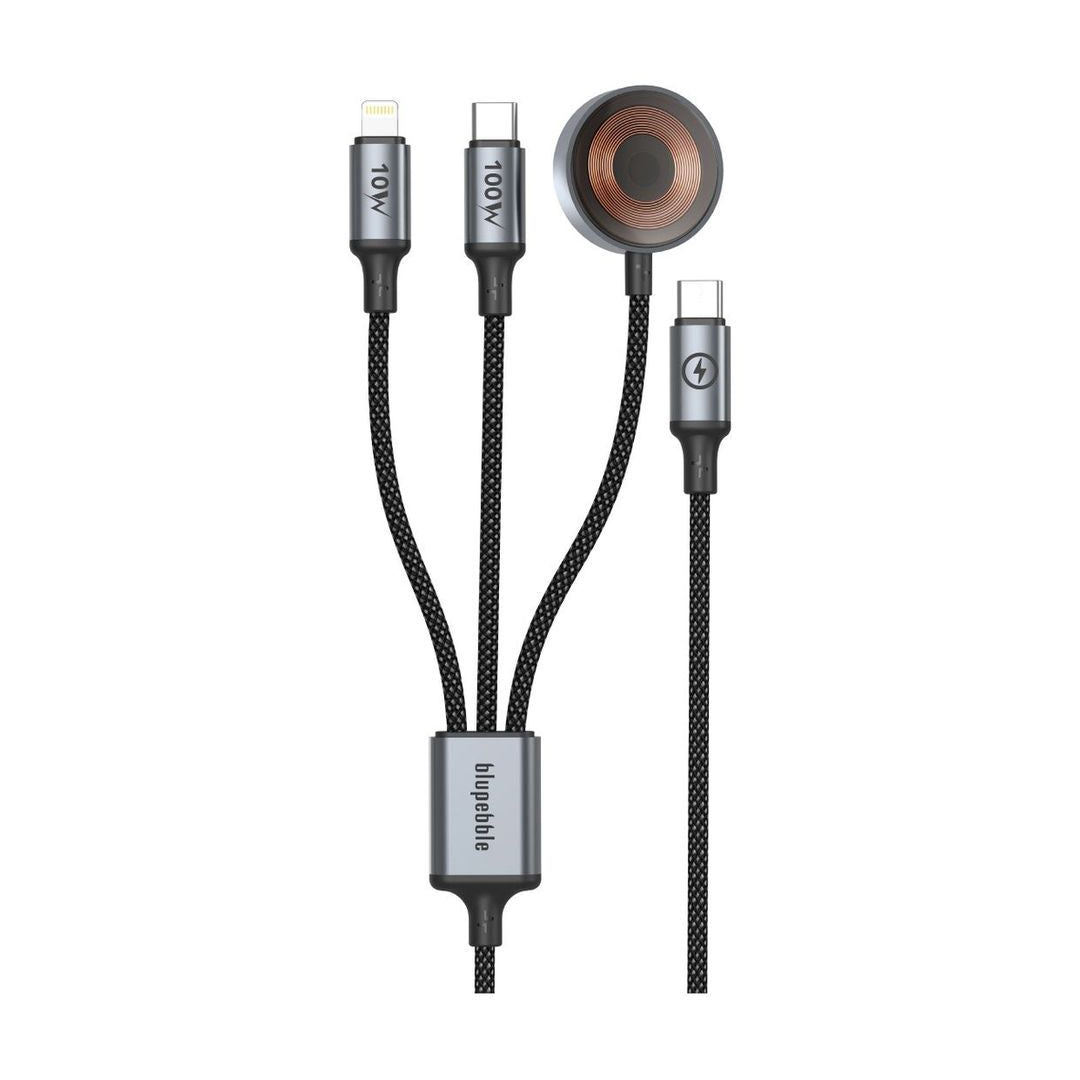 Blupebble PowerFlow USB-C to USB-C + Lightning + Watch Charger 100W PD, Fast Charging Cable, 1.2M, Black