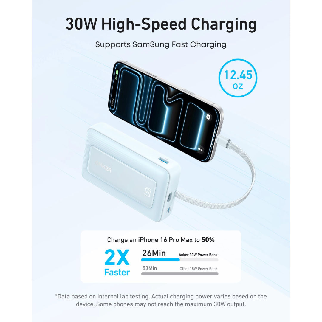 Anker 10,000mAh 30W Power Bank with Built-In USB-C Cable, Fast Charging, Compact Blue