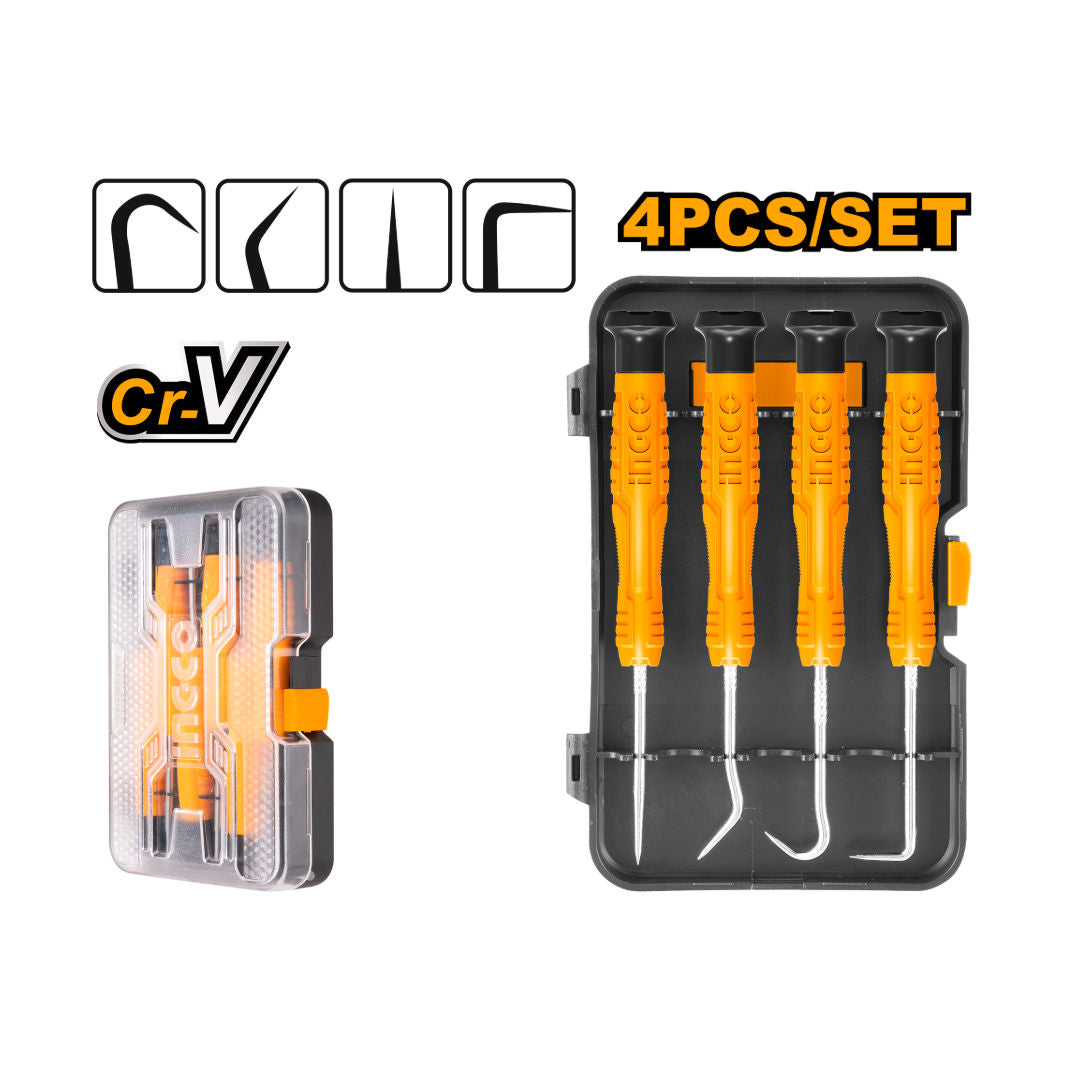 INGCO 4 Pcs Pick & Hook Set, Full Hook, 45°, 90°, Straight Pick, New Design Handle