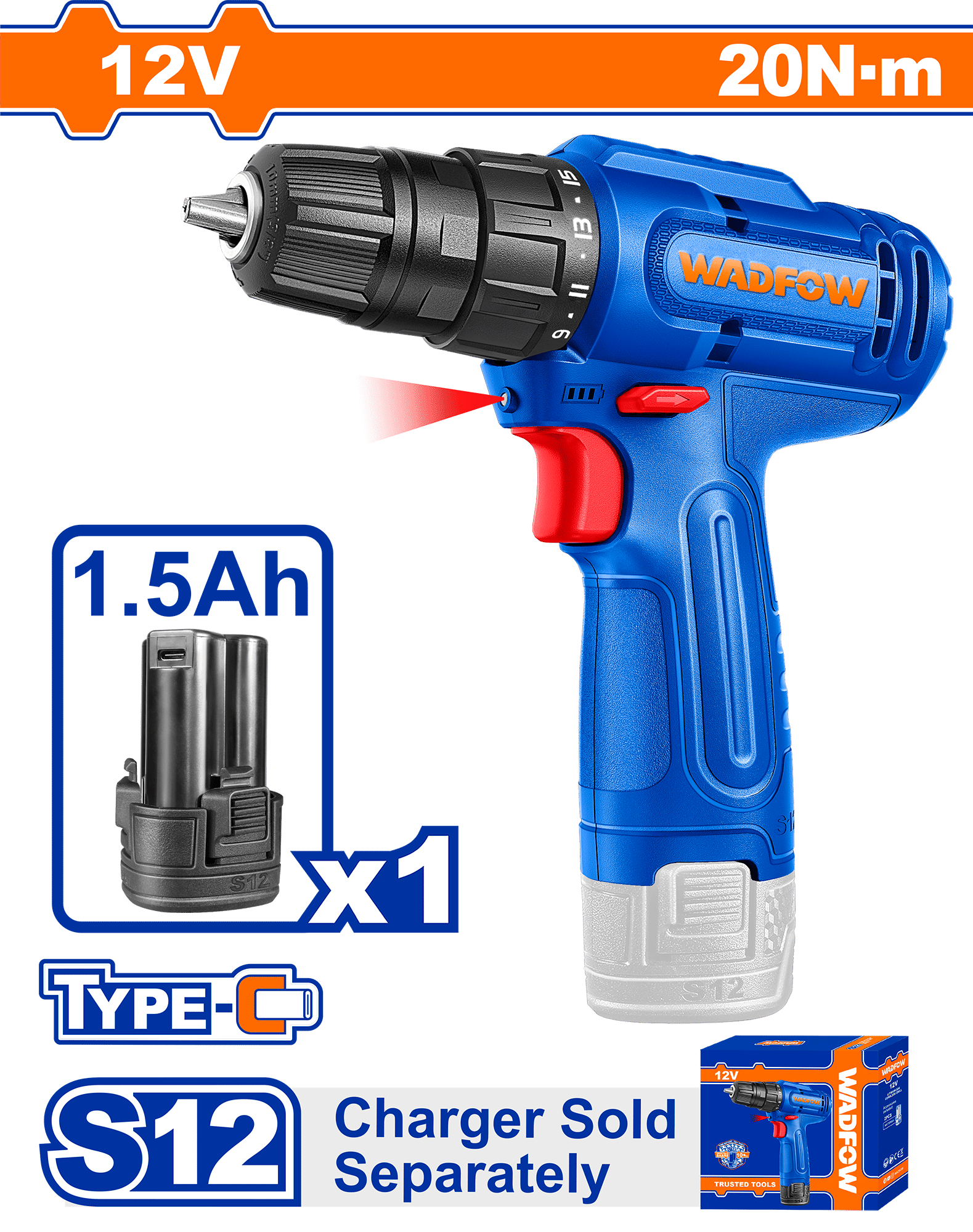 WADFOW 12V Cordless Drill Driver 20Nm 1.5Ah Battery