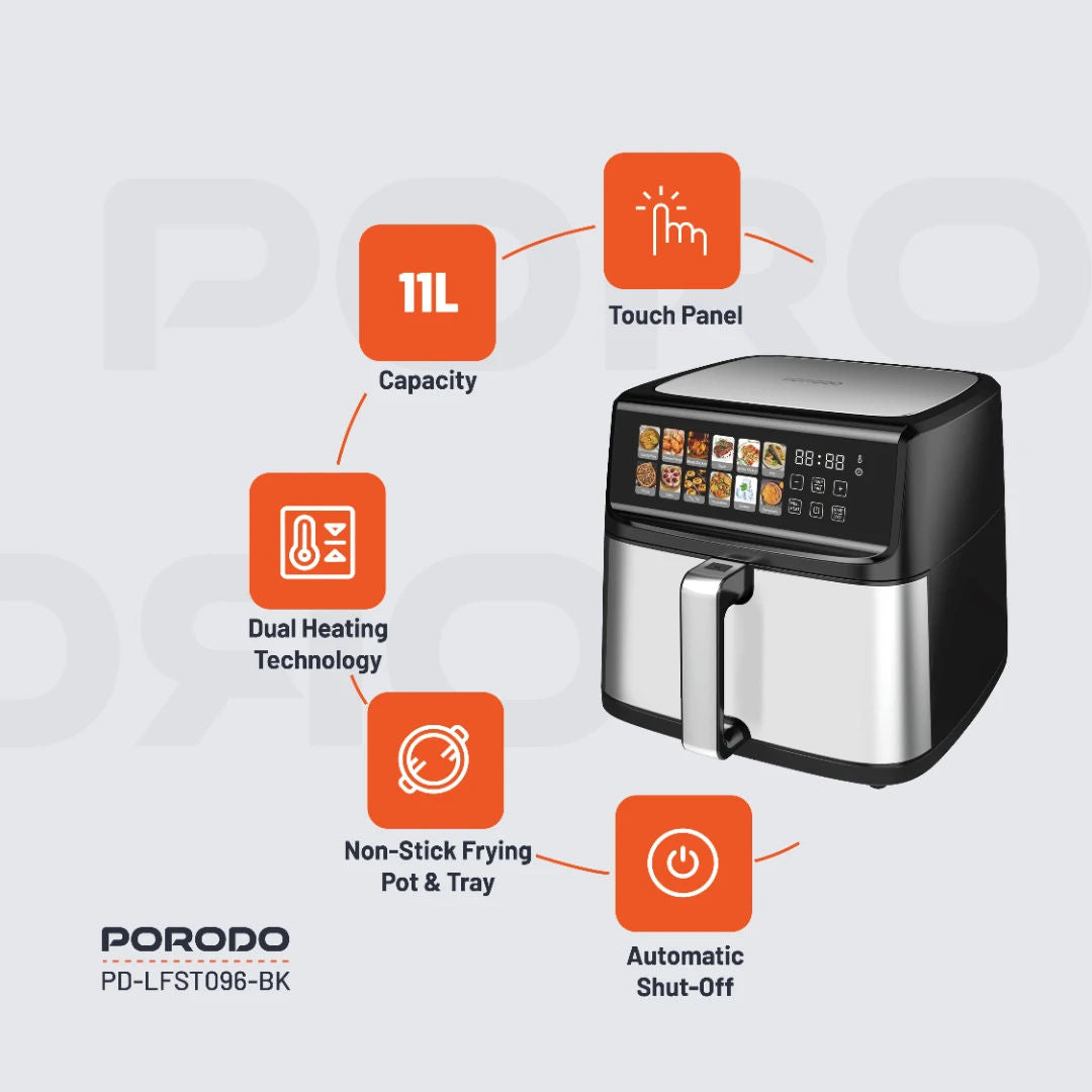Porodo Lifestyle Large Capacity Air Fryer, 11L Capacity, Black