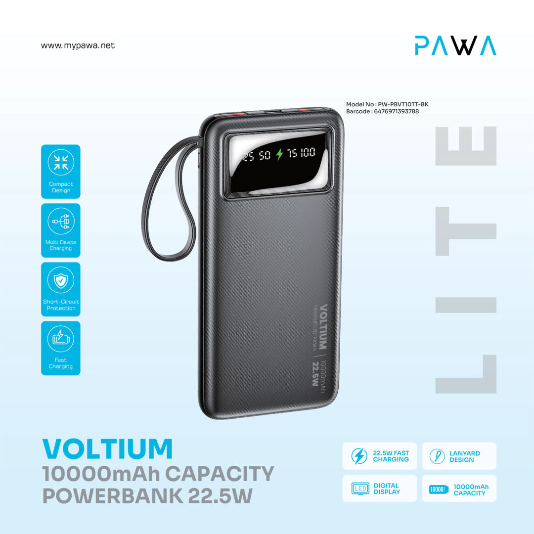 Pawa Lite Voltium 10000mAh Powerbank, Black