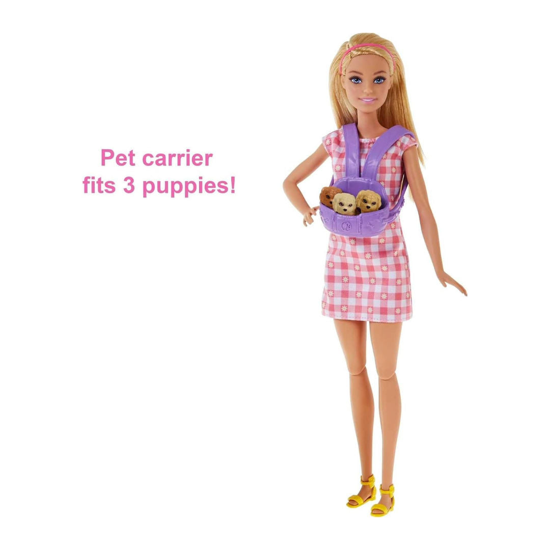 Barbie Doll & Pets Set, Blonde Doll with Mommy Dog, 3 Newborn Puppies, Color-Change Feature & Pet Accessories