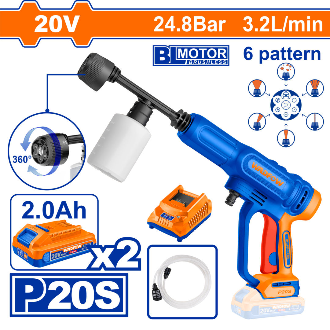WADFOW 20V Brushless Cordless Pressure Washer Kit, 24.8 bar, 3.2 L/min