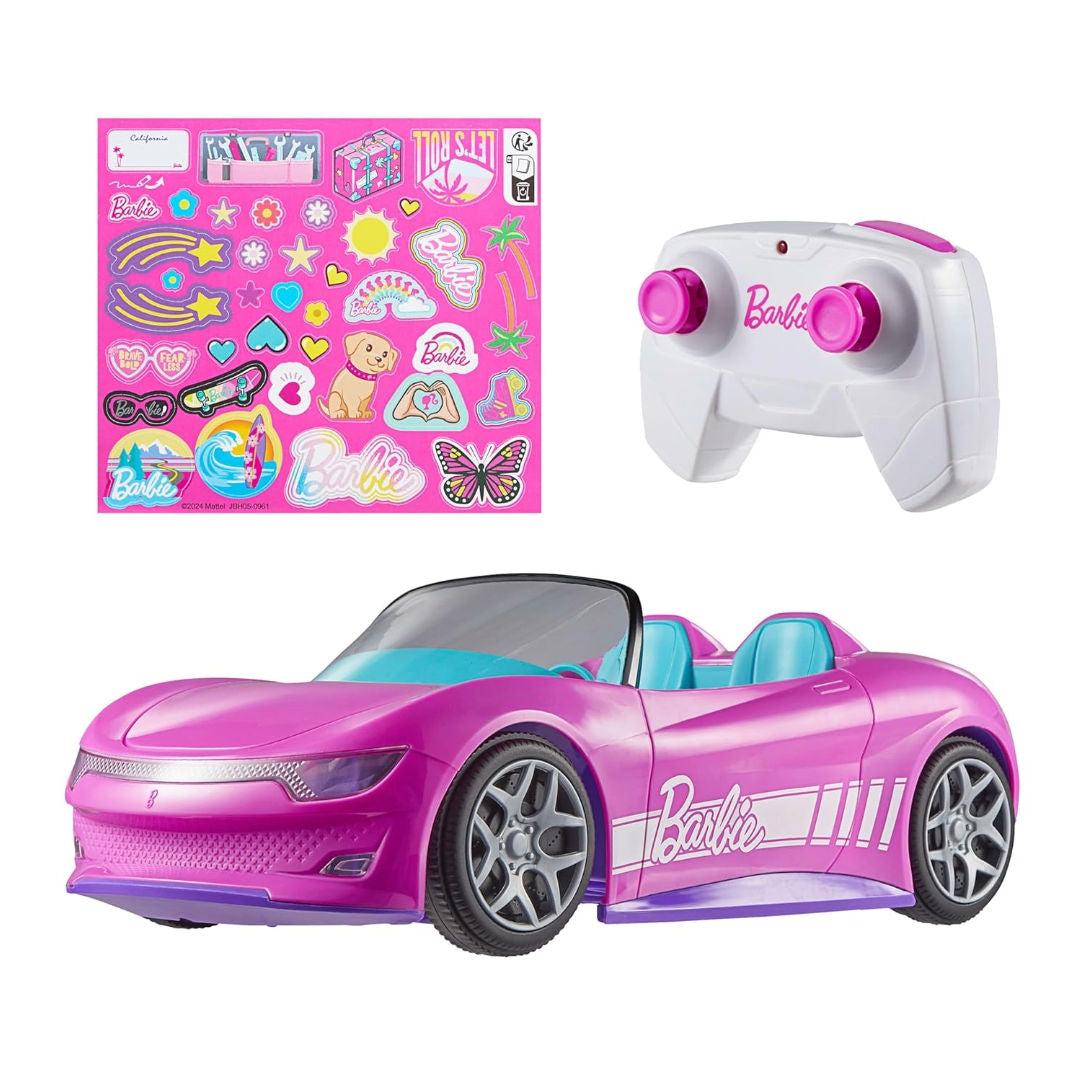 Hot Wheels RC Barbie Convertible, Battery-Powered Remote-Control Toy Car, Fits 2 Barbie Dolls