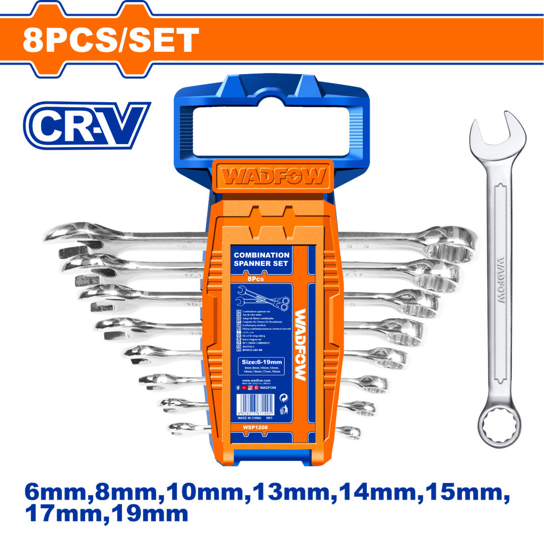 WADFOW Combination Spanner Set 8 Piece, 6–19 mm, Fine Polished Finish