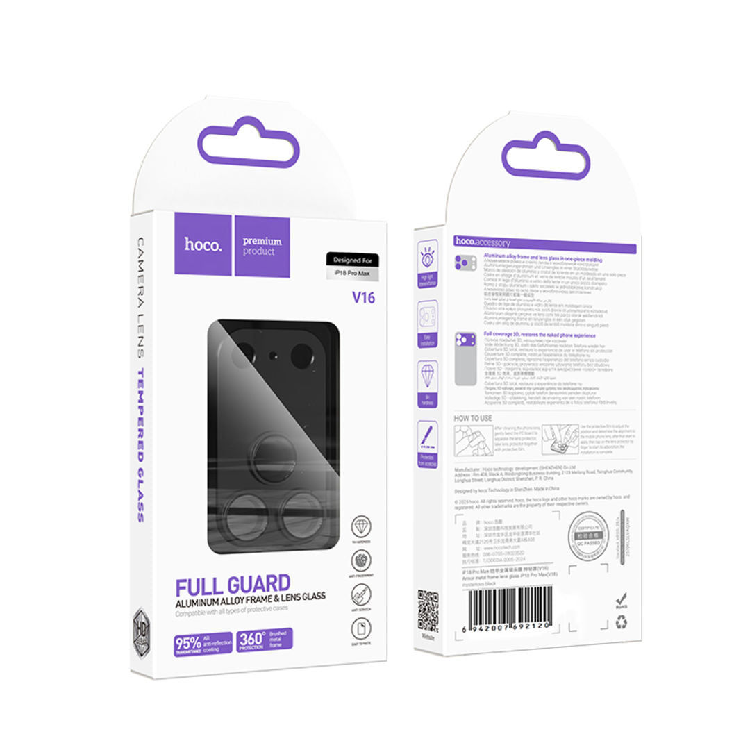 Hoco V16 Armor Metal Integrated Lens Glass for iPhone 18 Pro Max, 3D Full Coverage, Aluminum Alloy Protection