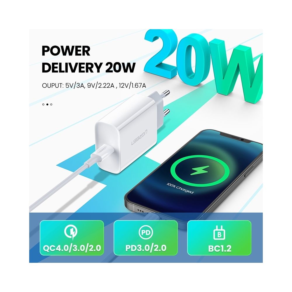 UGREEN CD137 20W USB-C Power Delivery Wall Charger, EU Plug, Fast Charging Adapter