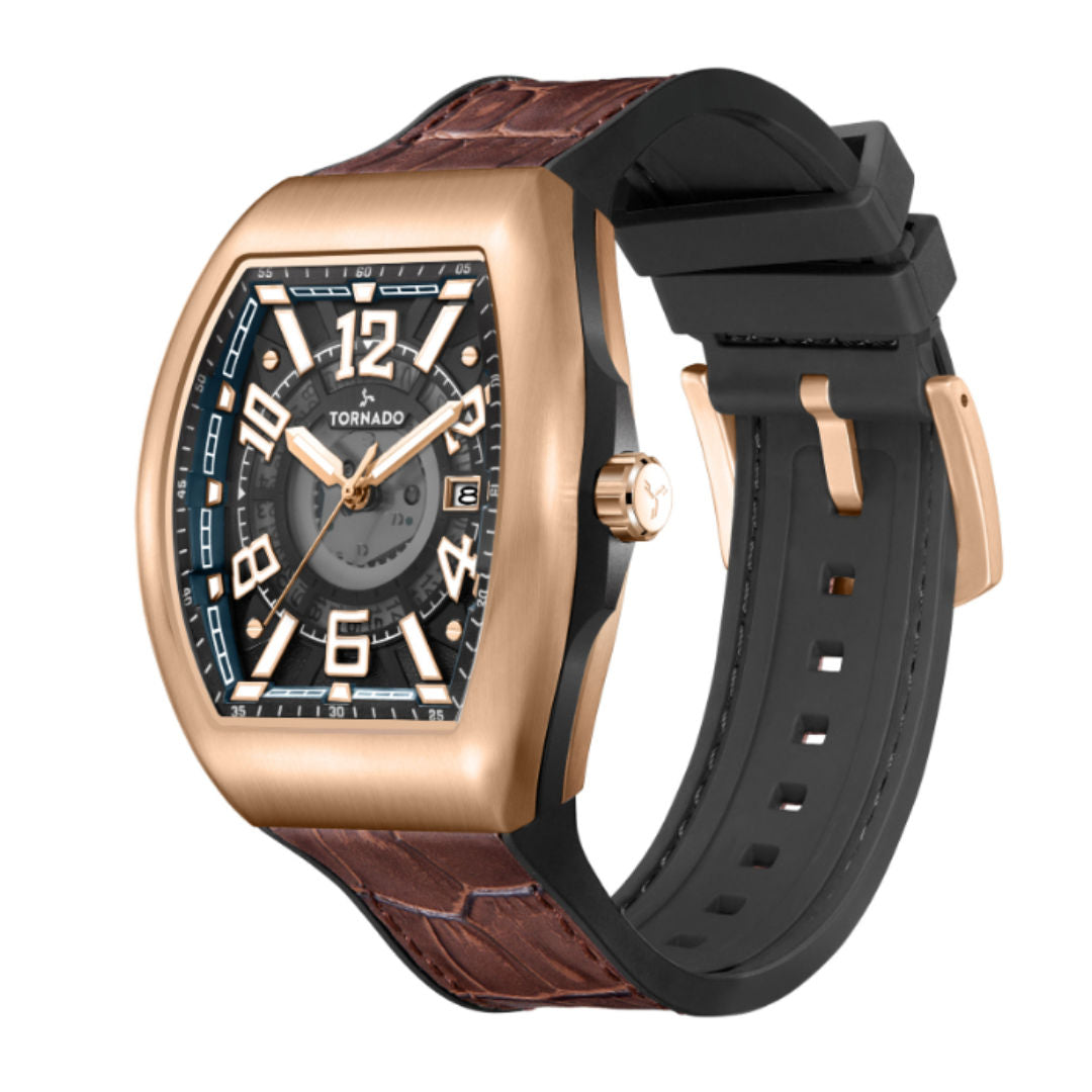 Tornado Men's Xenith Analog Display and Leather-Rubber Fusion Straps Watch, 44mm