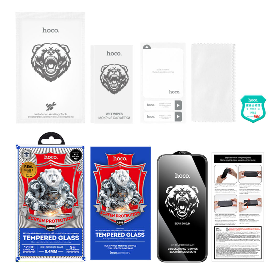 Hoco A888 Bear Shield Series Full Screen HD Tempered Glass for iPhone 18 Pro Max, iPhone 17 Pro Max, Full Screen Coverage, HD Visual
