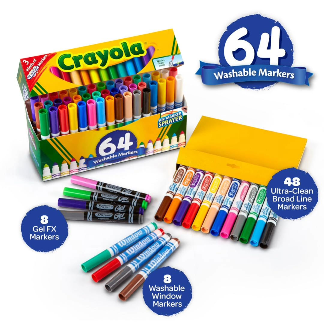 Crayola Broad Line Washable Markers Set Wit Gel And Window Markers, 64 Pieces