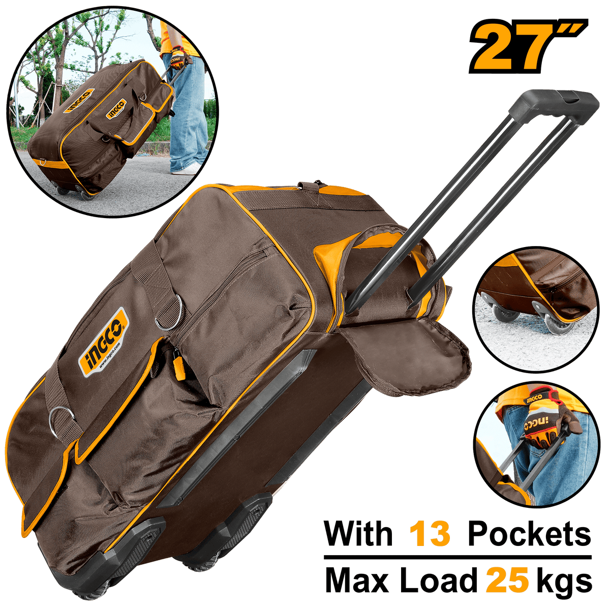 INGCO Wheeled Tool Bag 27 Inch Heavy Duty Rolling Tool Storage