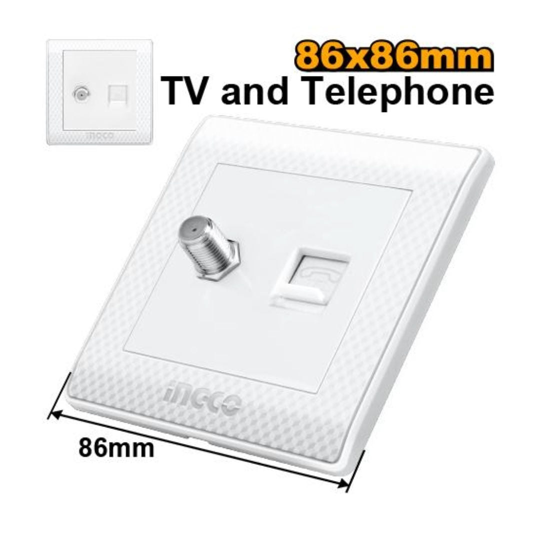 INGCO TV & Telephone Socket, Size: 86x86 mm